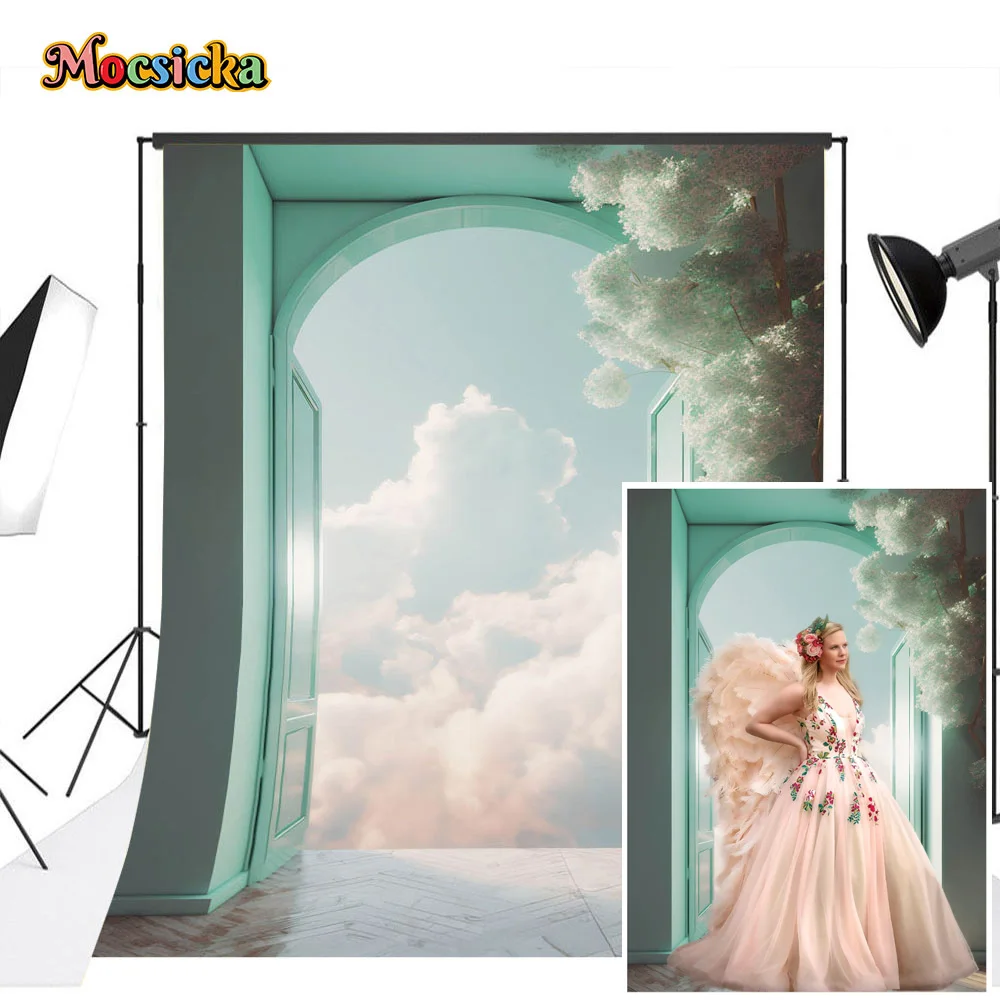 Studio Wedding Birthday Theme Background Mint Green Door Cloud Decor  Maternity Woman Portrait Photo Backdrop Photobooth Props