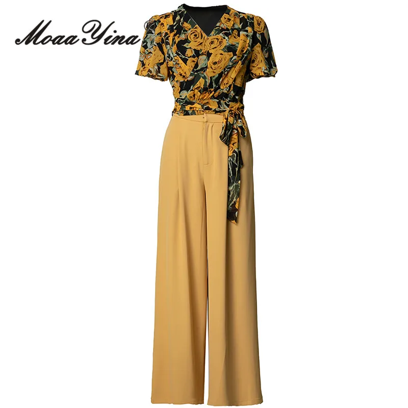 

MoaaYina 2025 Spring/Summer Women's Set V-neck Short sleeved Straight leg Pants Office Two Piece Set