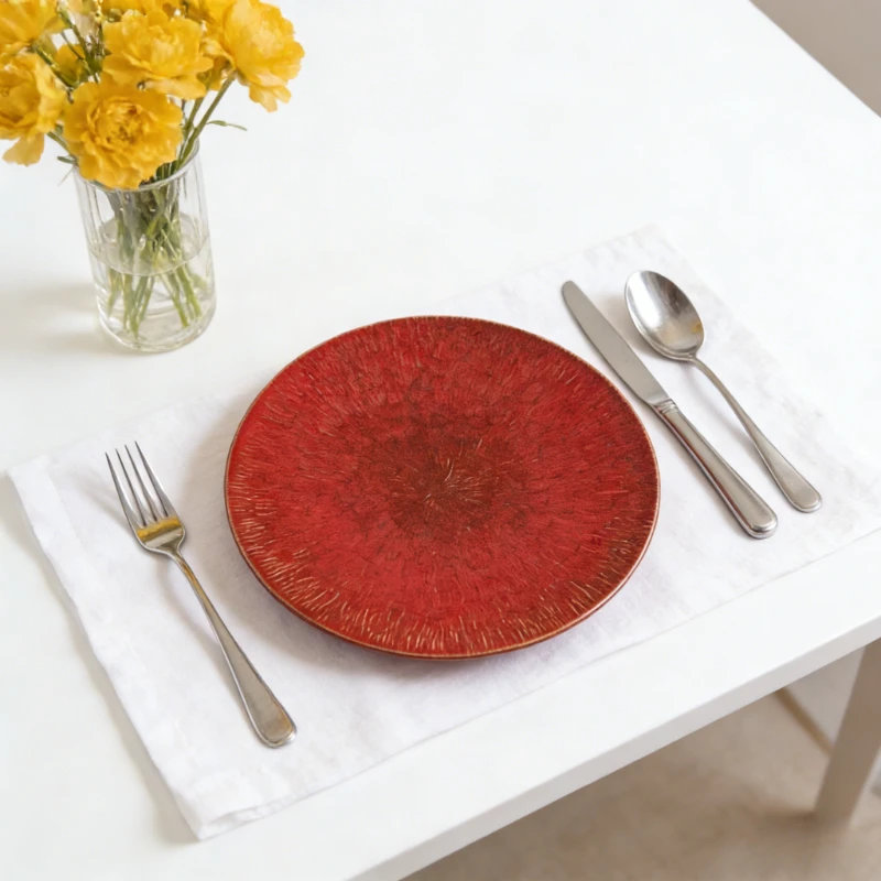 

New Year Red Nordic Style Plate High End Steak Dish Underglaze Color Western Style Tableware for Restaurant French Style Plating