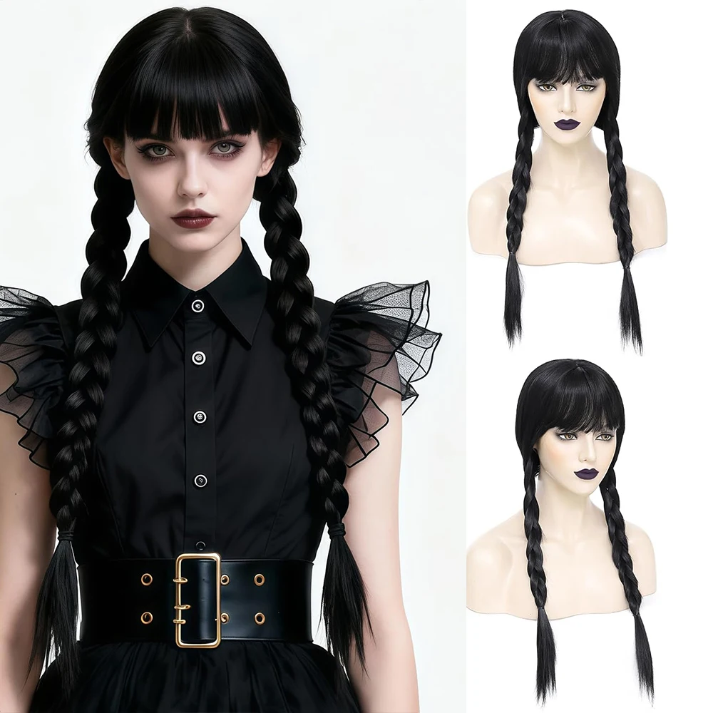 Synthetic Girls Braided Black Wigs for Gothic Costume Women Cute Soft Black Wig with Bangs for Halloween Costume Cosplay Daily