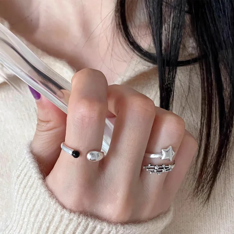 925 Sterling Silver Open Finger Ring Geometric Shooting Star Asymmetric Punk For Women Girl Jewelry Gift Dropship Wholesale