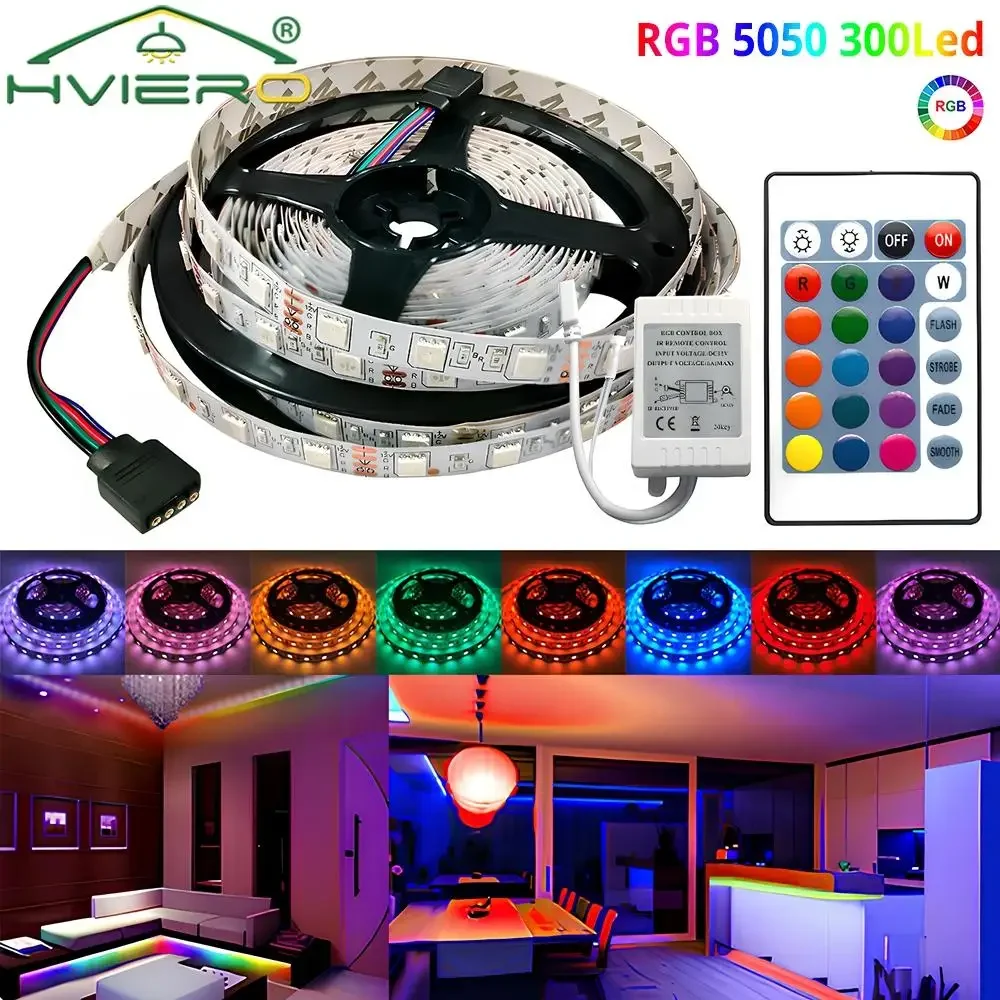 

5050 SMD LED Strip Lights 5M 300Leds RGB Flexible Ribbon Rgb Non-Waterproof Light Tape Diode DC 24key Control For Home Holiday