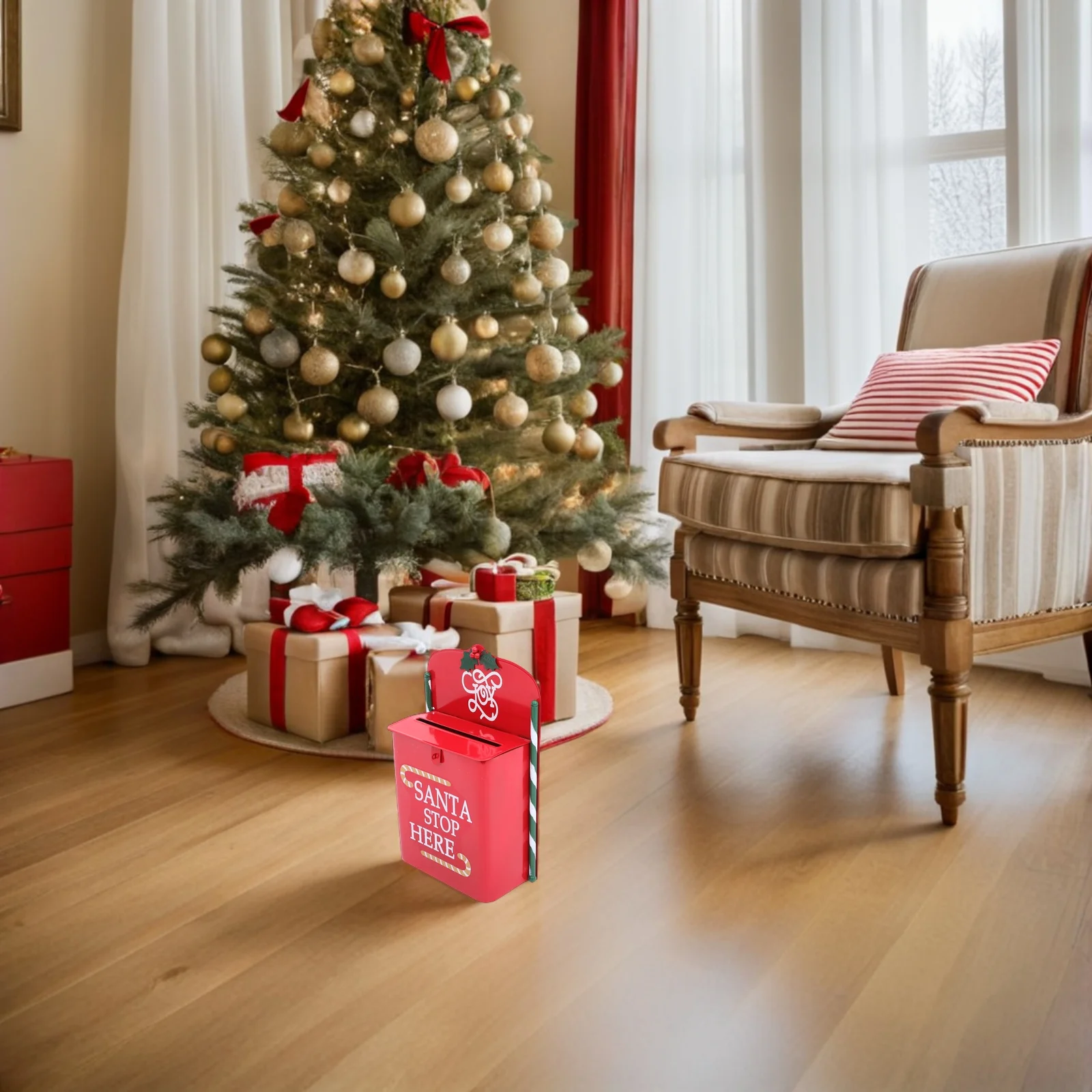 

Metal Santa Mailbox Wall-Mount Red Christmas Letter Box Vintage Holiday Hanging Post Box Festive Santa Stop Here Kids Gift