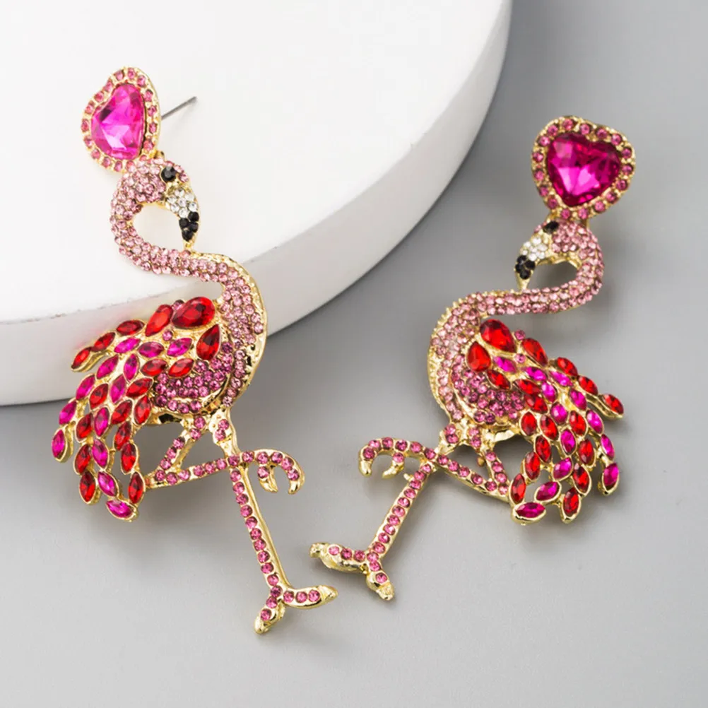 1 par de pendientes rojos con diseño de flamenco, con incrustaciones de pedrería, de estilo moderno y creativo, ideales para uso diario, fiestas y como accesorio para las orejas, un regalo para mujeres.