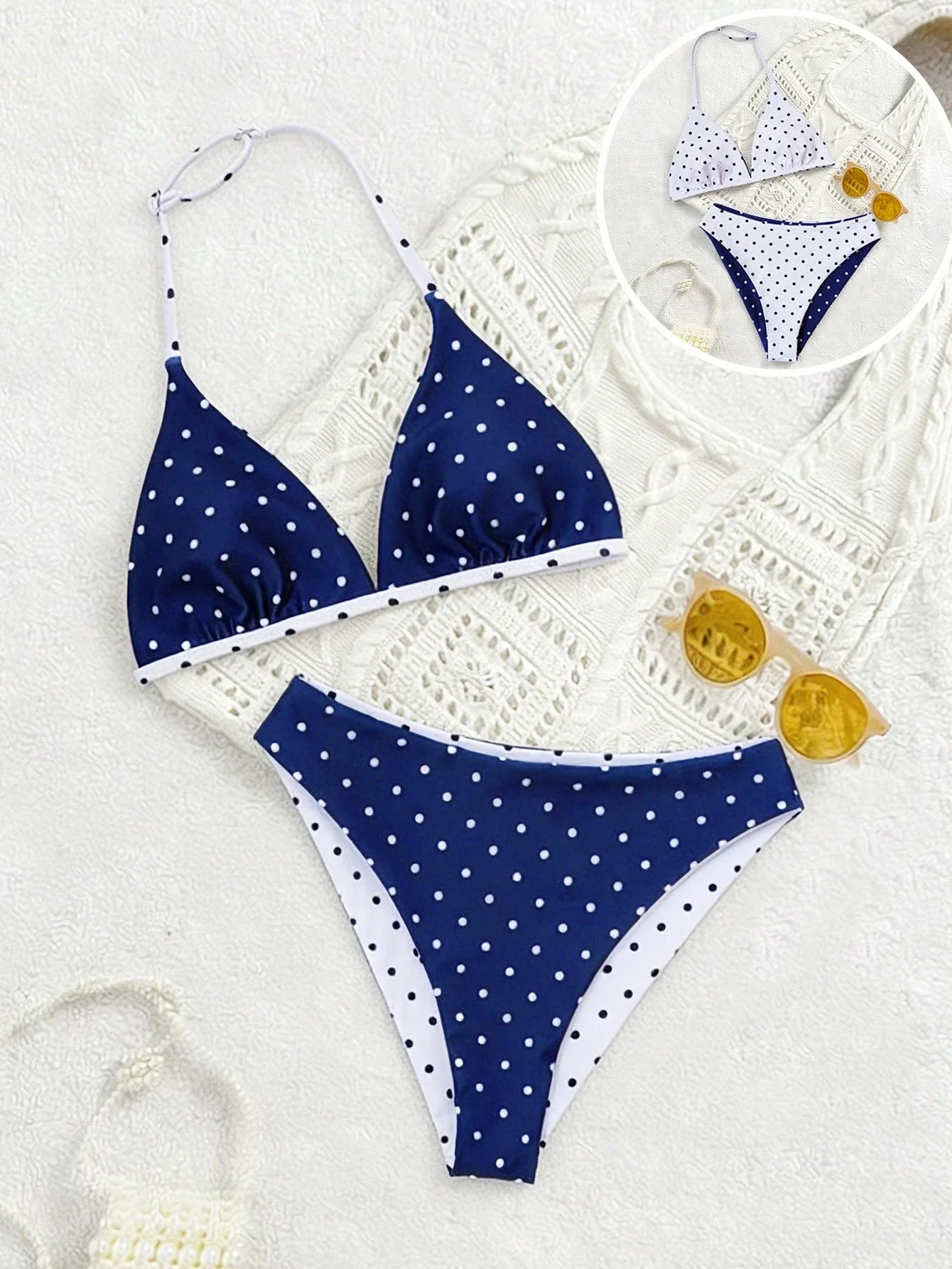 

Двусторонний регулируемый комплект бикини с завязками на шее в горошек для женщин, пляжная одежда