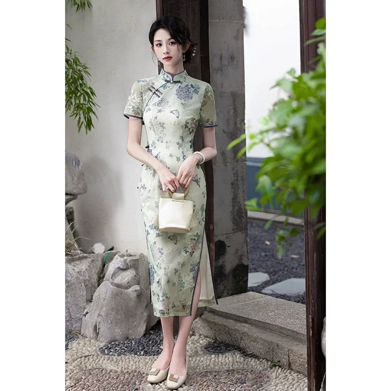 

Новое жаккардовое платье Cheongsam весна/лето 202, длинное улучшенное двухслойное платье Cheongsam Qipao для девочек