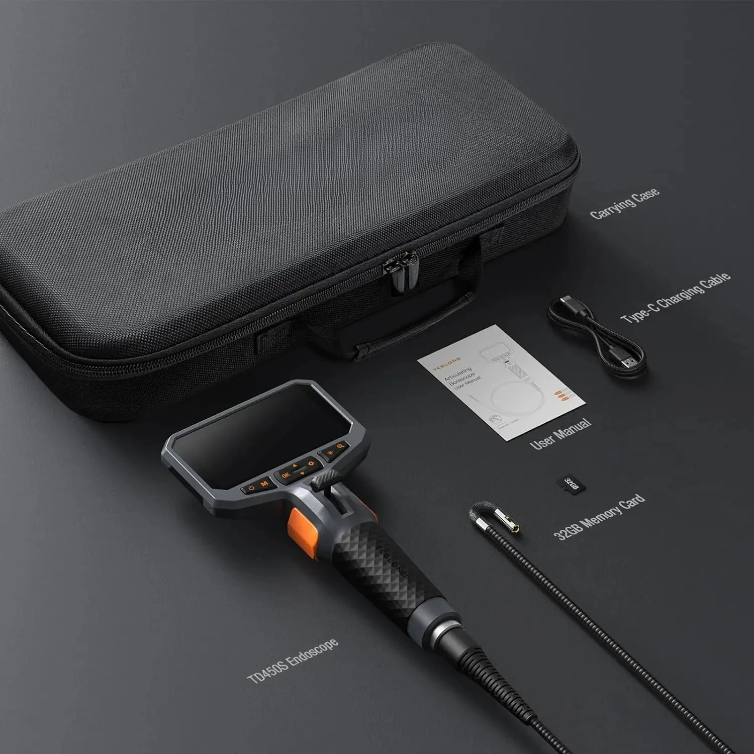TD450S 8.5MM Dual Lens Articulating Borescope 1080P 5 Inch IPS Two Way 360° Steering Endoscope Camera 1.55m Snake Tube