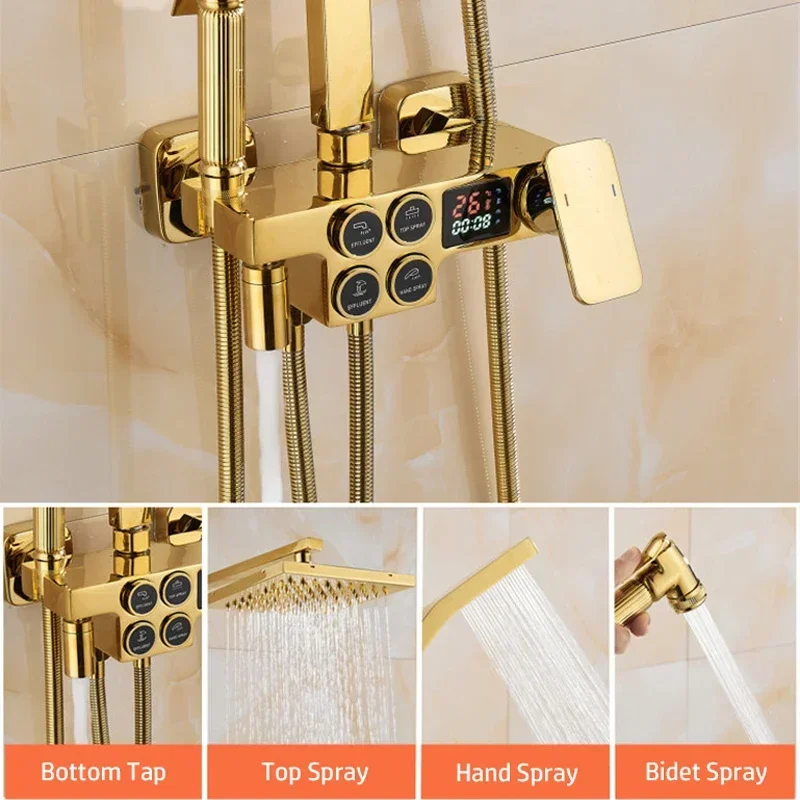 005 juego de ducha LED grifo oculto dorado de lujo