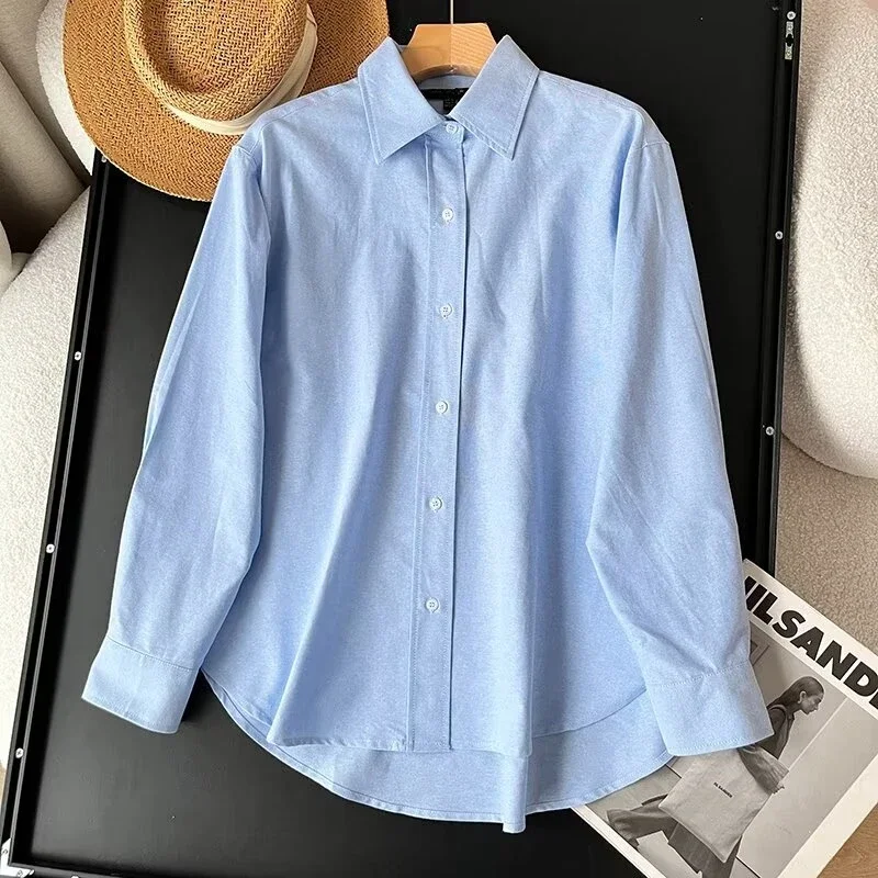 

Withered 2024 Spring Fashion Shirt Women Sky Blue Commuting Casual Oxford Long Sleeved