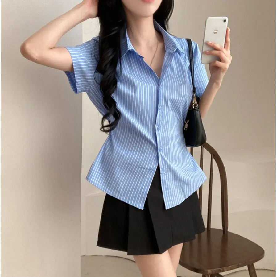 

Elegant French Style Striped Shirt Women's Waist-Cinching Button-Up Top Chic Design Dongda Gate Ladies' Premium Clothing