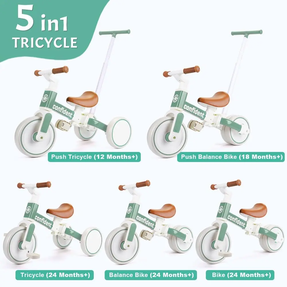 Tricycle for Toddlers 1-3 Year Olds, 5 in 1 Toddler Balance Bike with Removable Pedal, Push Trike Toys with Adjustable Pushrod f