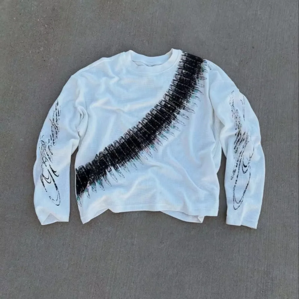 New Y2K Bullet Letter Printed American Couple Retro Long Sleeve T-shirt Street Style Casual Loose Men's and Women's Top