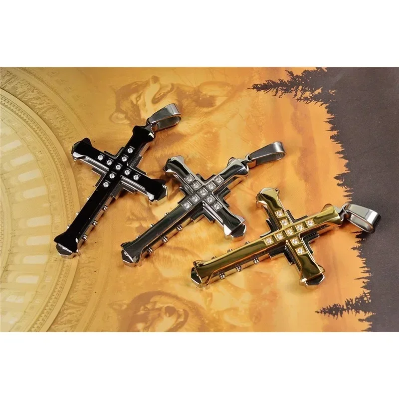 

European and American Dark Knight Men's Necklace Gold Silver Black Diamond Multi-layer Cross Domineering Pendant