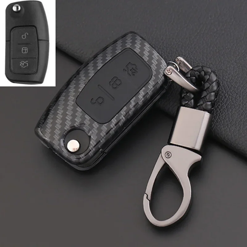 

ABS Carbon Car Flip Folding Key Case Cover For Ford Focus 2 3 Ecosport C-Max S-Max Ka Mondeo Kuga Galaxy Fiesta Keychain