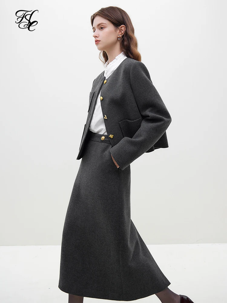 FSLE High-end Woolen Coat for Women Winter 2023 New Korean Style Short Round Neck Coats + Straight Skirts Office Lady Sets