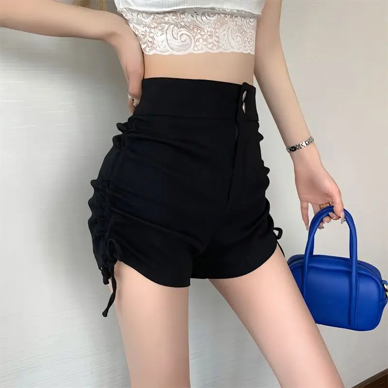 

Черные шорты, женские узкие сексуальные гофрированные модные универсальные шорты с высокой талией, летняя спортивная повседневная уличная одежда, S-5XL, женский корейский стиль