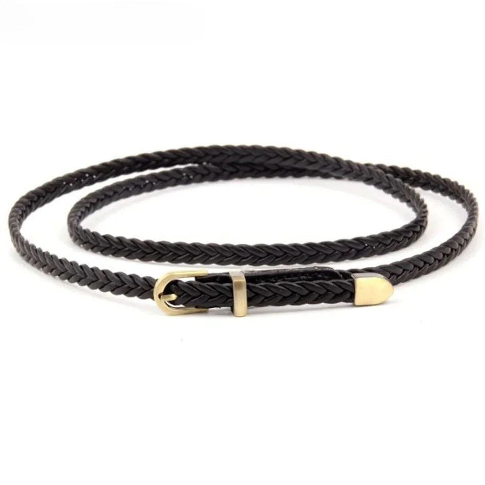 

Black Braided Leather Belt Women Thin Waist Belt Red White Ladies Pu Leather Strap Pin Bucklet Female Belts Narrow Purple New