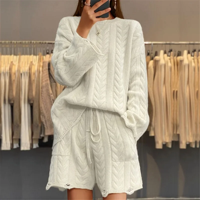 Fall Winter Solid Color Knitted Set Women Casual Round Neck Sweater Pullover & Tie-up Shorts Outfit Retro Long Sleeve Twist Suit