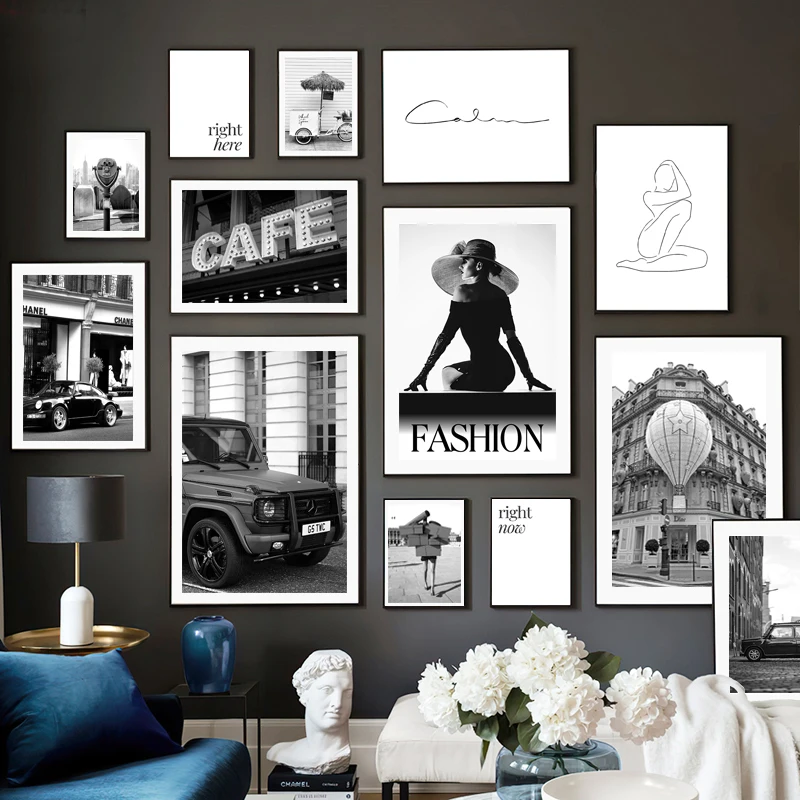 

Fashion Woman Poster Black White Classic Car Quotes Photo Abstract Decorative Painting Canvas Wall Art Picture Luxury Home Decor