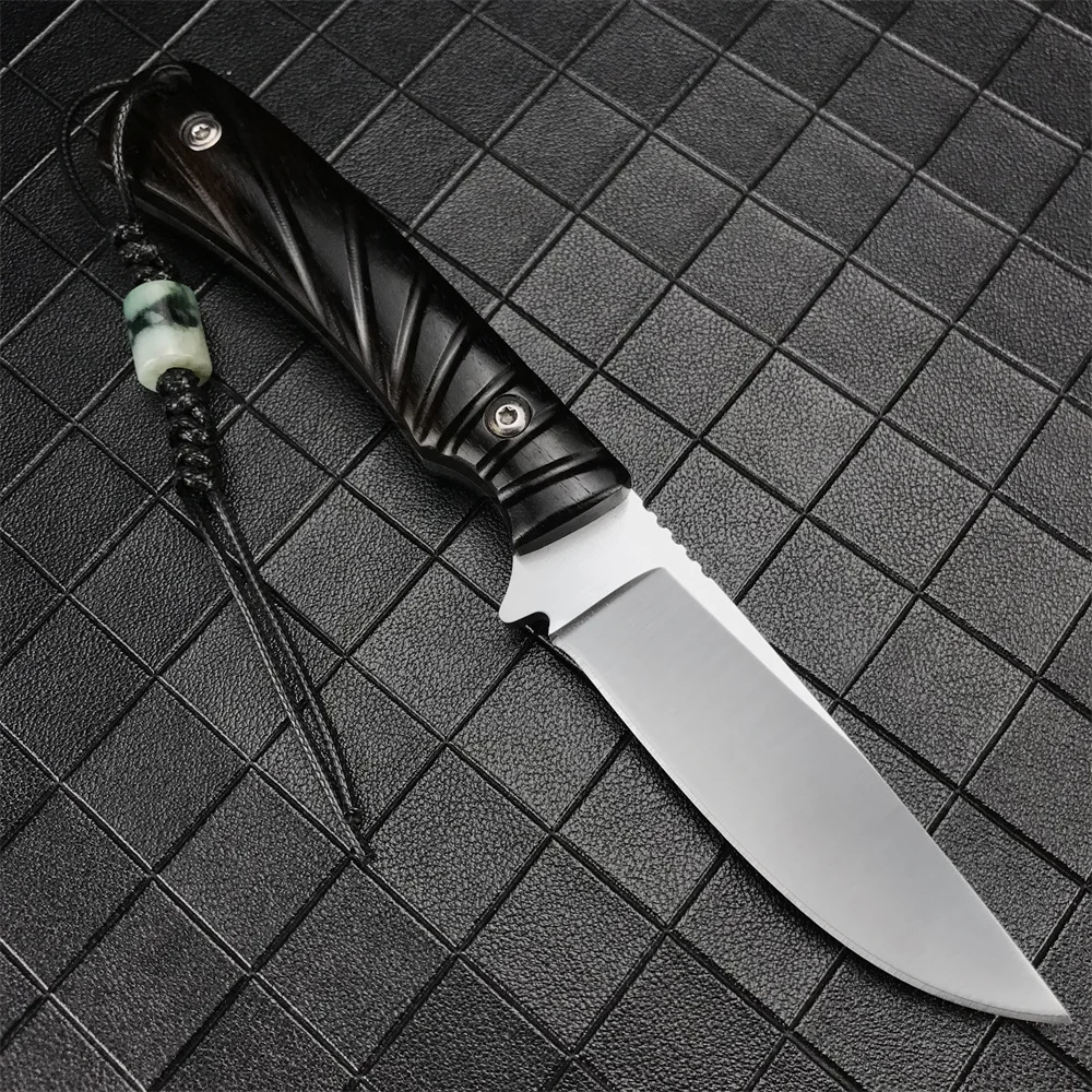 EDC Multi-function Hunter Knife Fixed Blade Knife High Hardness 5CR13MOV Blade Ebony Handle with Leather Sheath Camping Tool