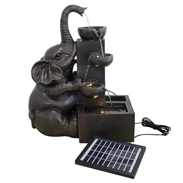 Table Top Garden Elephant sculptures mini tabletop desktop Decoration Solar Water Feature Fountain With Led Light