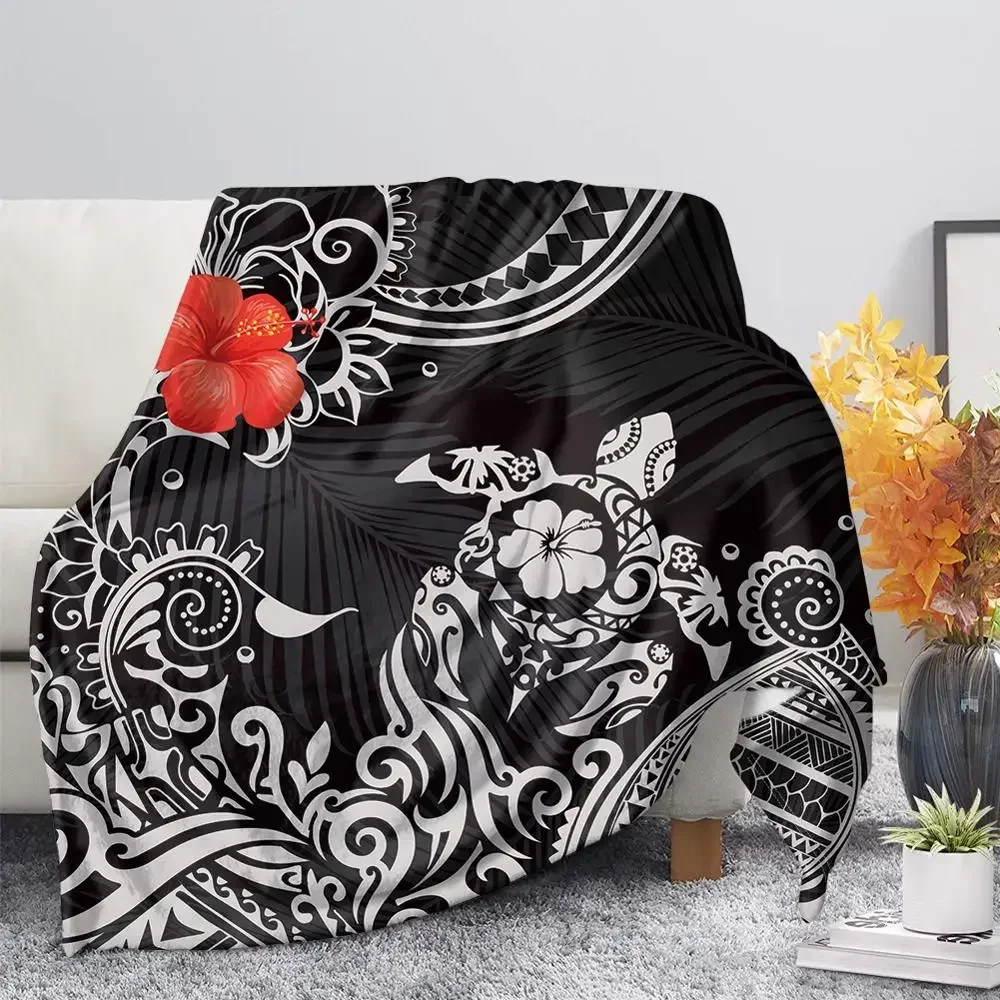 Polynesian Tribal Sea Turtle Pattern Black Flannel Throw Blanket Soft Cozy Lightweight Warm for Kids Adults Travel Camping Gifts