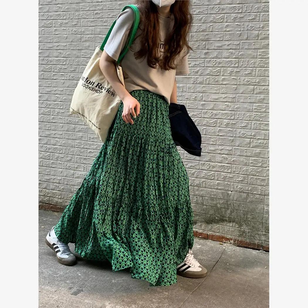 High Waist A-Line Skirt Spring Summer New Style Japanese Style Elastic Waist Pleated Long Dress Slimming Half Skirt