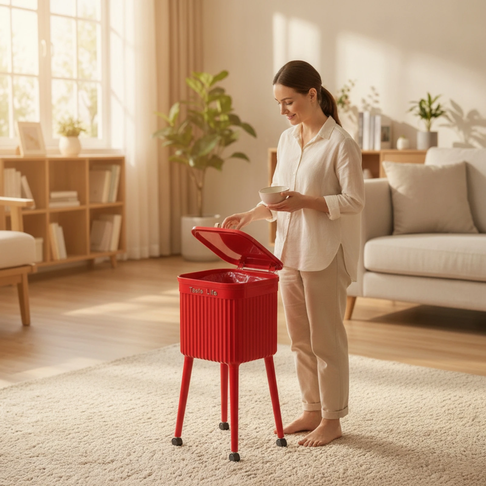 Lidded Trash Can with Stand Mobile Trash Can with Wheels Wastebasket Ribbed Waste Receptacle Portable for Kitchen