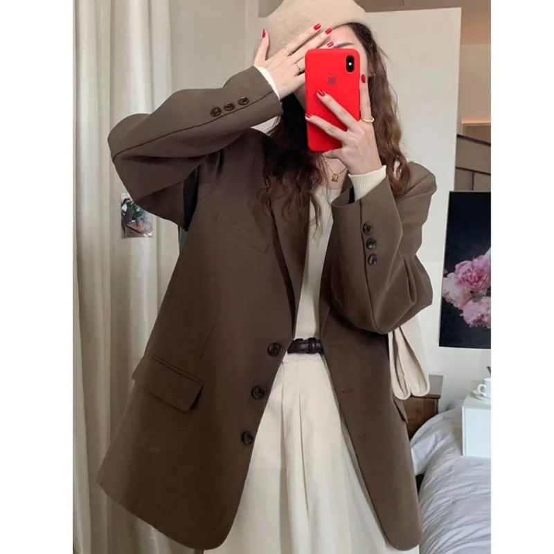 Blazer de manga larga para mujer, chaqueta negra elegante coreana, chaqueta de oficina para mujer, abrigo suelto de un solo pecho, ropa de primavera y otoño