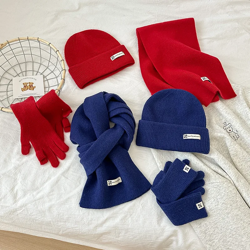 3pcs set topi kupluk musim dingin syal panjang sarung tangan wanita dan pria set topi musim dingin rajutan unisex warna solid hangat