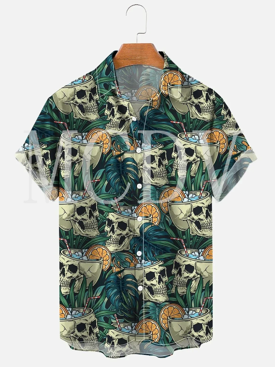 Men's Cold Cocktail Pattern Seamless Vintage Drink With Ice In Human Skull Among Leaves Of Plants Hawaiian Casual Print Shirt