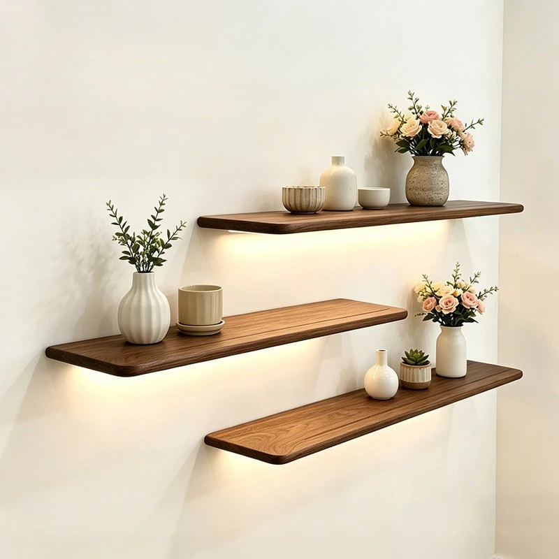 Walnut Solid Wood LED One-line Shelf, Wall Mounted Cup Set Rack, Tea Room Organizer, Homes Display Holder Stand Decors Gift Box.