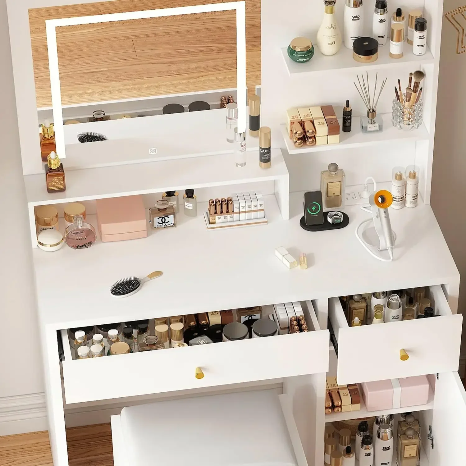 

For 37" Desk with Mirror and Lights, LED White Vanity Set with Stool and Power Outlet, Lighted Make up Vanity Desk (White)