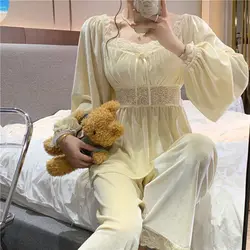 Pajama Female Autumn Winter Sexy Lace Patchwork Palace Princess Style Home Dress Set Can Worn Outside with Breast Cushion Canary