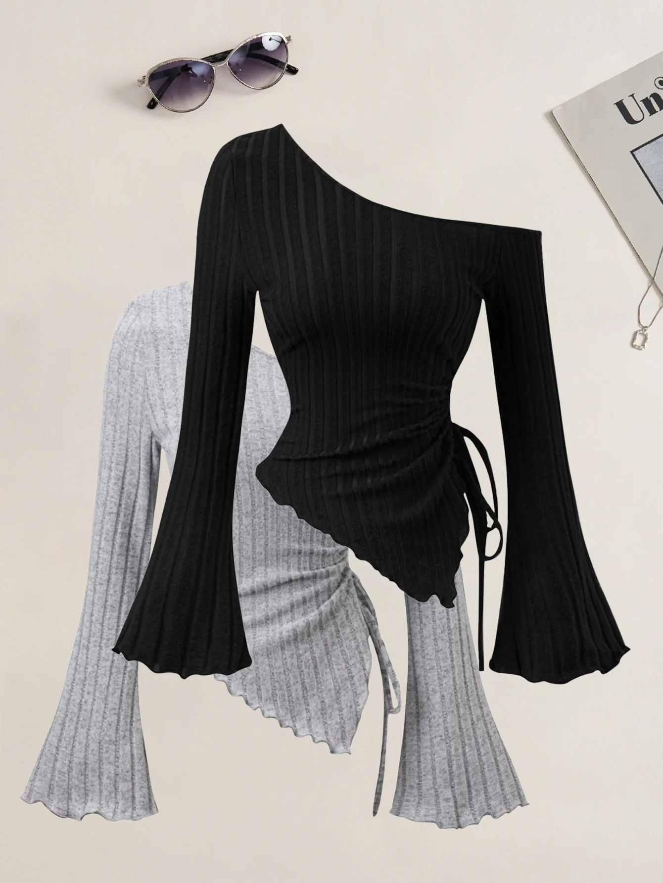 

Raw-Edge Brushed Ribbed Long Sleeve Tee: Structural Asymmetry with Flared Cuffs & Off-Shoulder Neckline for Y2K
