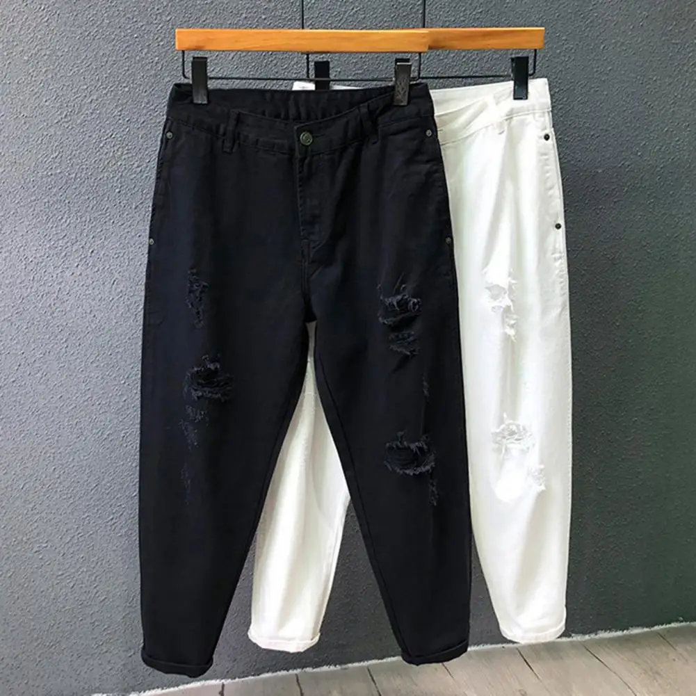 

Casual Harem Pants for Men Stylish Men's Denim Pants Mid-rise Ripped Holes Design Straight Legged All-match Trousers with for 3