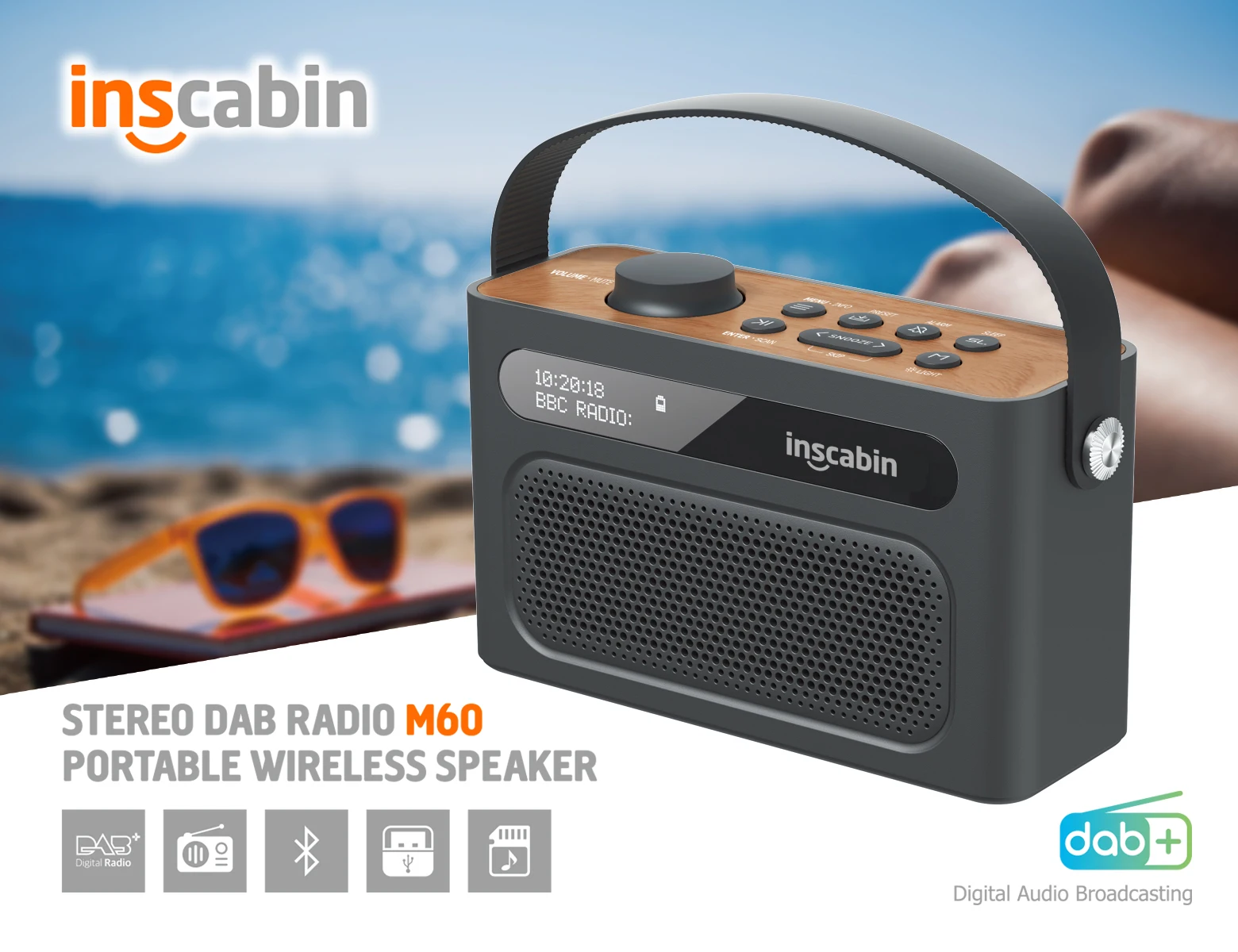 Inscabin M60II DAB Radio Portable Wireless Speaker with Bluetooth, FM/Beautiful design/Rechargable Battery/TF/USB