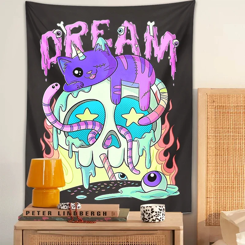 Dream Cute cat Kawaii tapestry wall hanging Caticorn Skull Pastel Goth Aesthetic star skull hippie boho room wall home decor