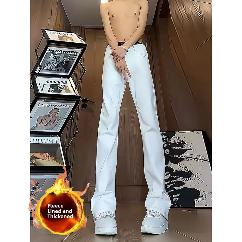 

White Fce Lined Jeans Men's Slim Fit Straight Leg Micro Flared Pants Autumn Winter Faion High Street Sle mid Waist Jeans