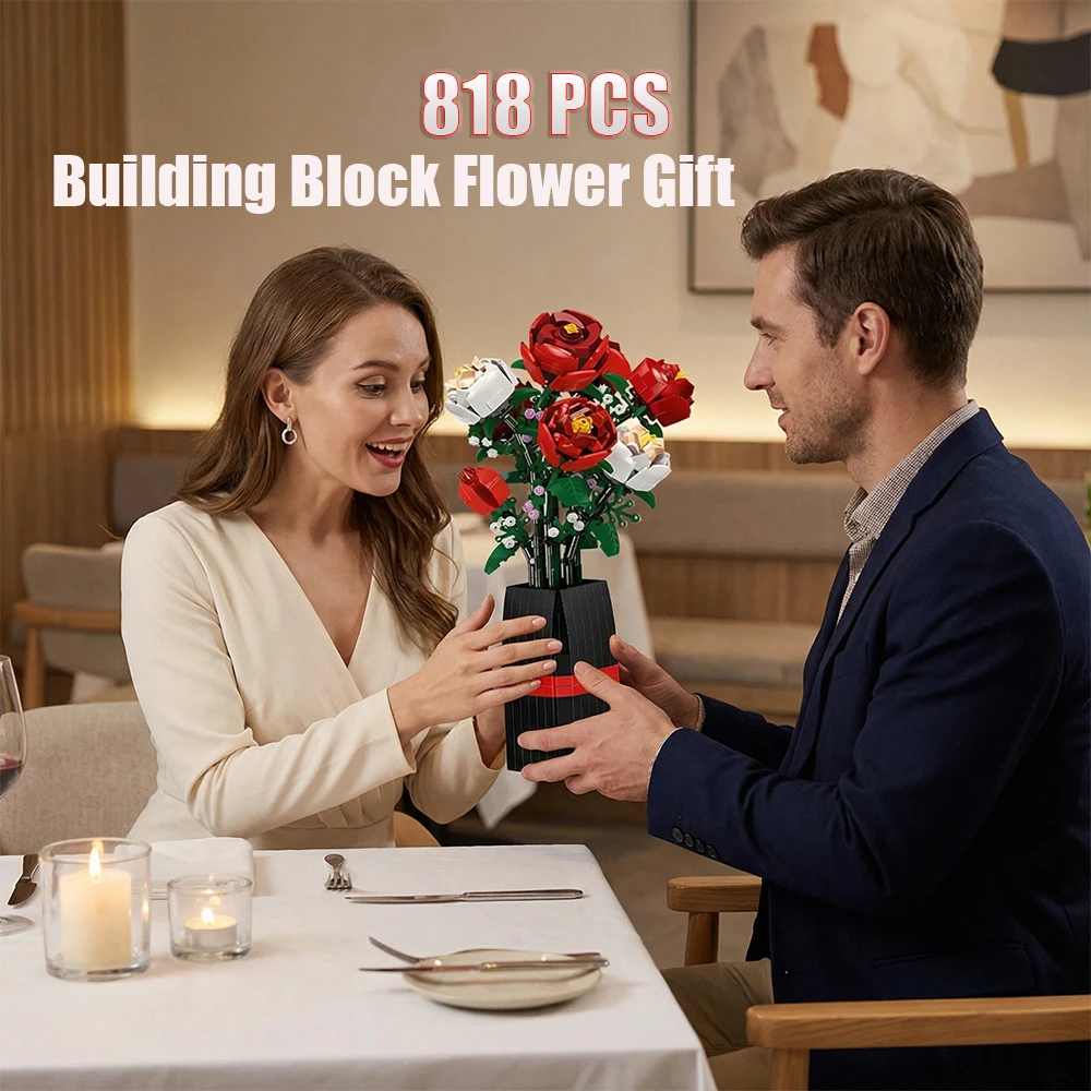 

Valentine's Day Red Rose vase and box Building Blocks Gift Romantic Flowers Bouquet Bricks Toy Children DIY Home Desk Decoration