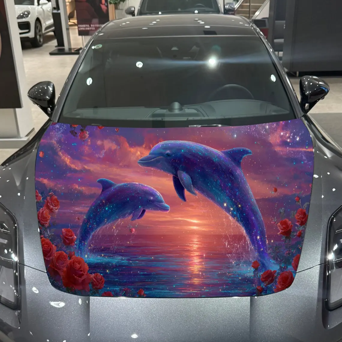 

Dolphin Rose Sunset Romantic Adventure PVC Car Hood Wraps, Self-Adhesive Waterproof Car Bonnet Decal Sticker, Car Decoration Pro