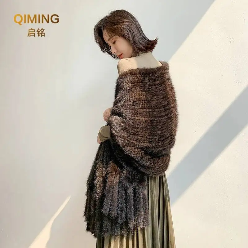 Long Style Large Winter Scarf Real Mink Fur Scarf Fringe Lady 100% Natural Mink Fur Shawl Women Knitted Fur Pashmina Scarves