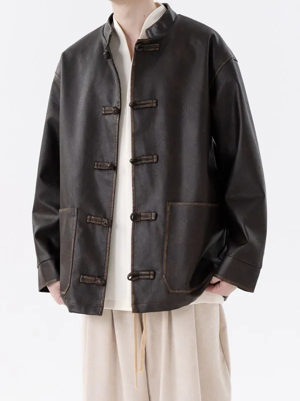 

New Chinese Sle Men's Loose Fit Leather Jaet Autumn Large Size Tang Costume Sle Retro Button up Outerwear Coat