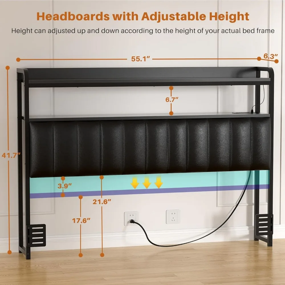 Headboard for Full Size Bed Frame, Upholstered Headboards with Outlets, USB Ports and LED Light, Leather Head Board with Storage