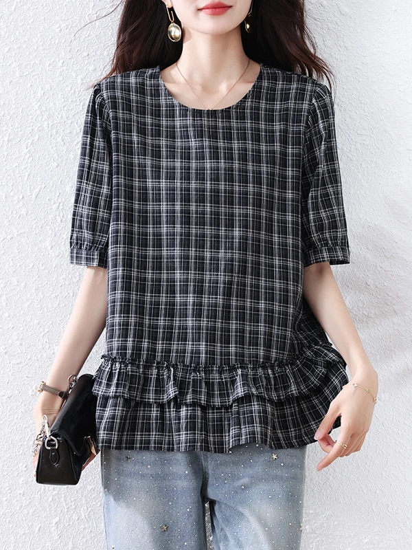 

2025 Summer Plaid ort Sve Casual Thin irt Women's round Ne Lace Hem Loose Fit Korean Sle Commute Regular Length