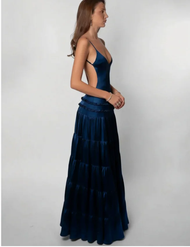 Rückenfreies Partykleid Blau V-Ausschnitt Rüschen Lang - close-up view