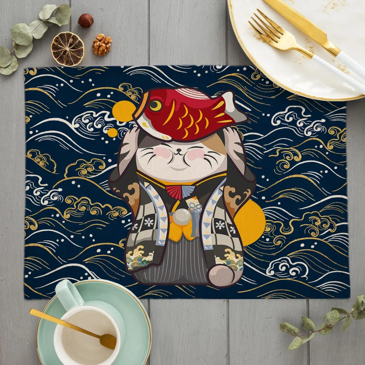 Unique Original Design Cute Plutus cat Placemat Japan Style Eat Udon noodles Table Mat Desktop Pad Cartoon cat Cup Coaster