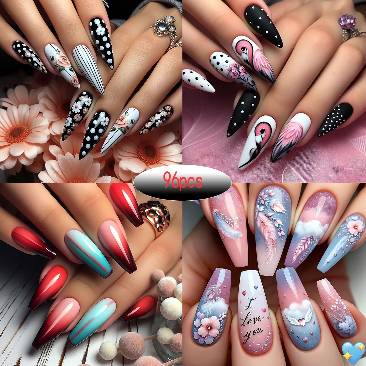 4 مجموعات/96/24 قطعة من ملصقات الأظافر على شكل نعش الباليه: قلب/ريشة/فراشة/زهور. أسلوب لامع طويل، يأتي مع مبرد أظافر و ن
