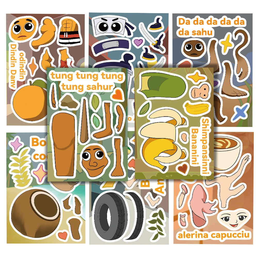 

8/16sheets Abstract Animal Puzzle Stickers Italian Brainrot Animals Tung Tung Sahur Make a Face Decals Kid Assemble Jigsaw Toys