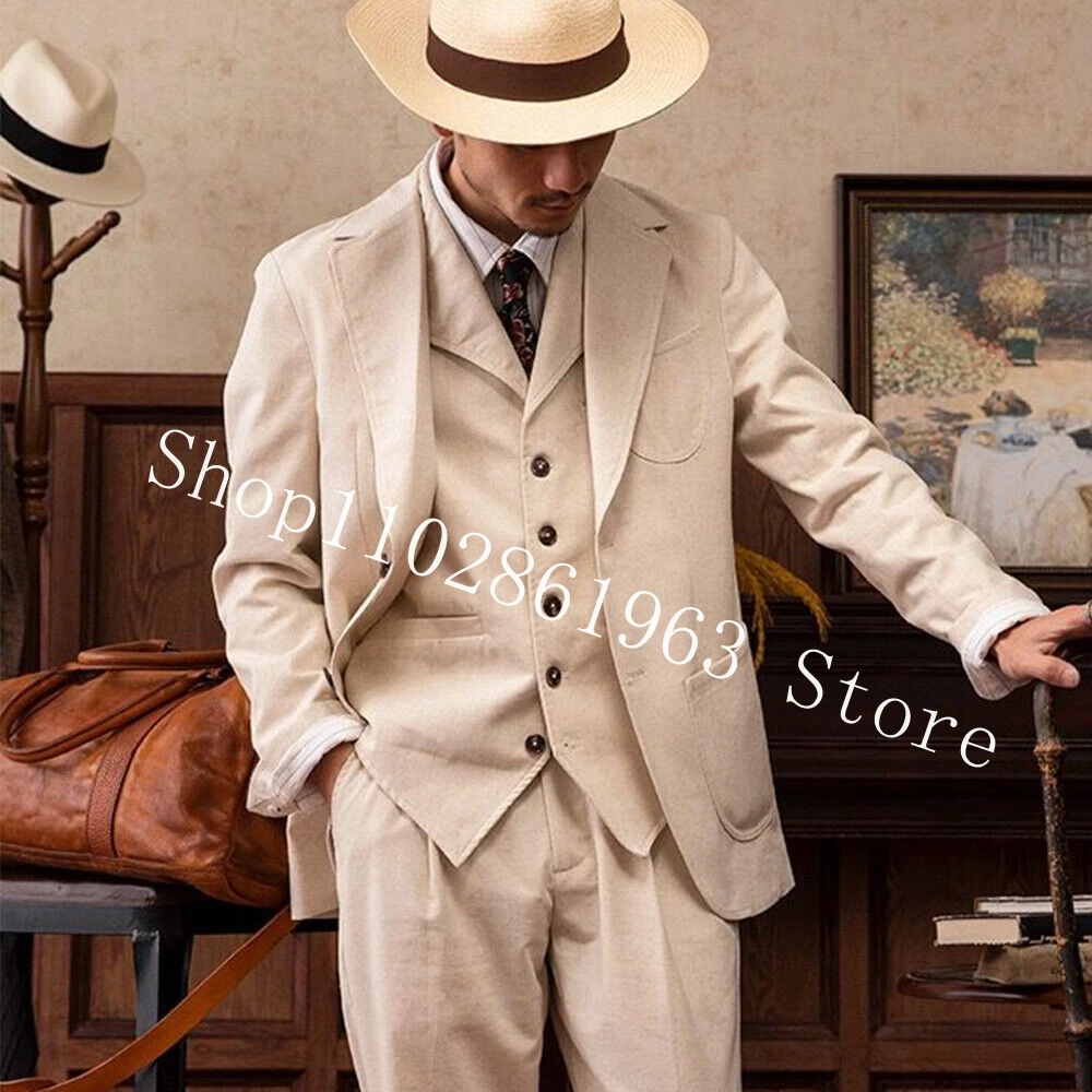 

Linen Men's Suits Notched Lapel Two Buttons Jacket Beige 3 Pcs Groom Wedding Party Tuxedos Blazer+Vest+Pants Trajes De Hombre